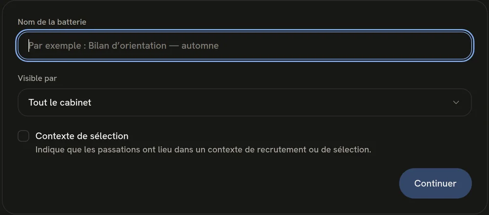 Formulaire de création d'une batterie